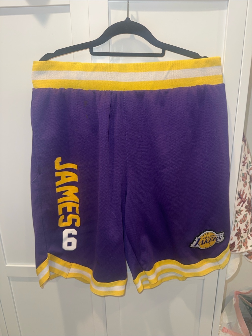 NBA Purple and Yellow Basketball Shorts with 'JAMES' and 6